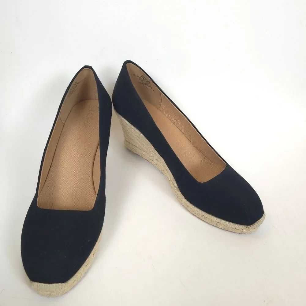 J.Crew Espadrille Wedge Shoes Black Cream Canvas Rope Heel Womens Size 12